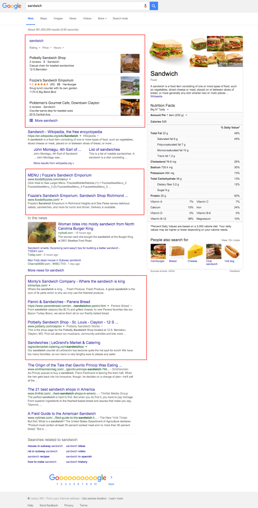 Google SERP of Local SEO marketing Sandwich