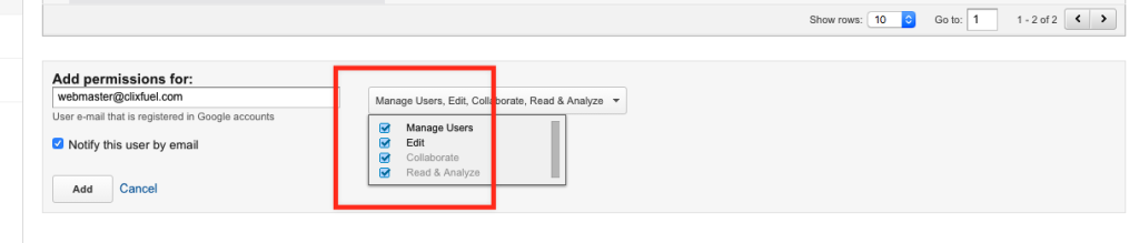 Google analytics permission settings